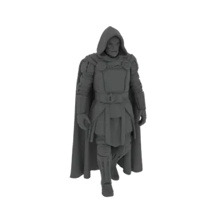 Рендер 3D модели рыцаря в капюшоне в полных доспехах, с плащом и суровым выражением лица, на белом фоне.