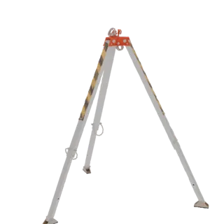 3D модель серебристого штатива с желто-черными полосами безопасности и оранжевым верхом.