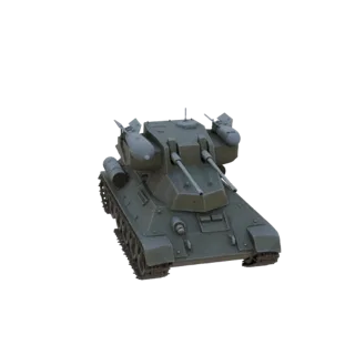 3D модель современного зенитного танка с двойными пушками и ракетными установками, вид спереди-сбоку.