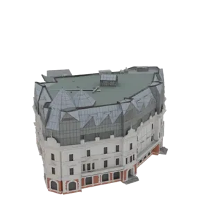3D-модель изогнутого здания в стиле Ар-нуво с выдающимся стеклянным фасадом и детализированной крышей.