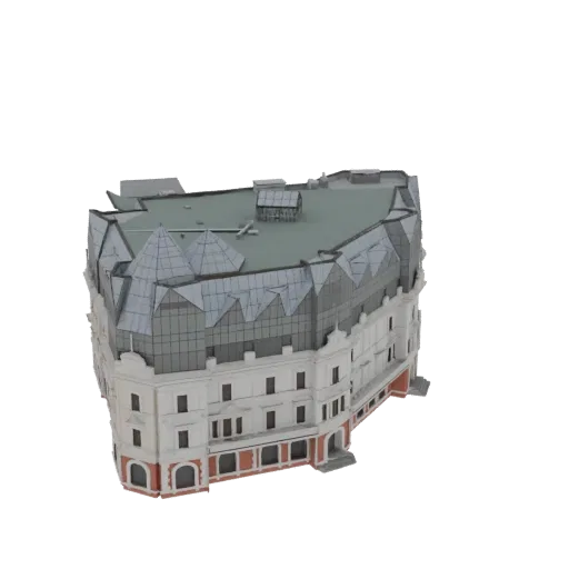 3D-модель изогнутого здания в стиле Ар-нуво с выдающимся стеклянным фасадом и детализированной крышей.