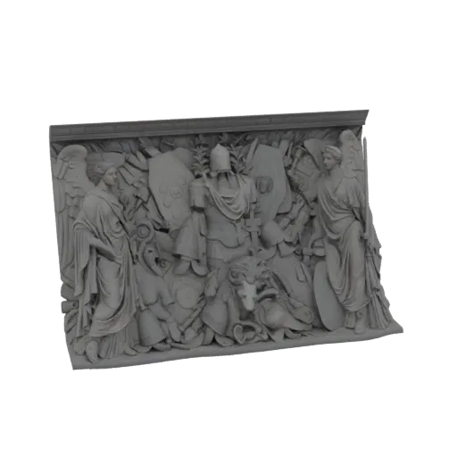 3D модель классической рельефной скульптуры с двумя ангелами по бокам и центральной композицией из доспехов и щитов.