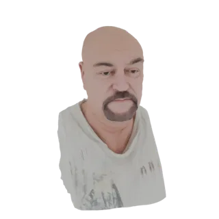 Рендер 3D модели лысого мужчины с козлиной бородкой в белой футболке, смотрящего вниз.