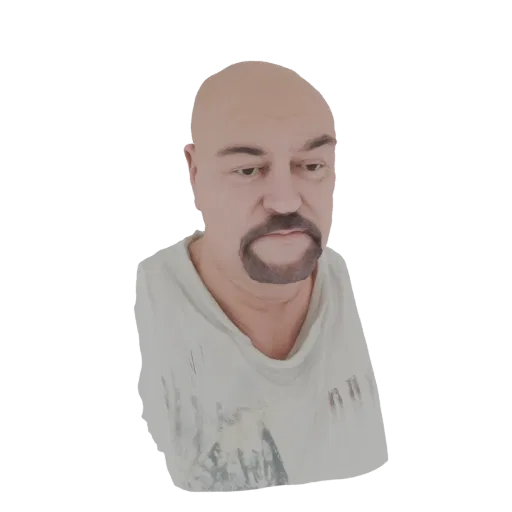 Рендер 3D модели лысого мужчины с козлиной бородкой в белой футболке, смотрящего вниз.