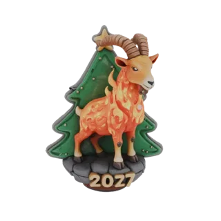 3D модель Огненного Козла, символа 2027 года, в виде ёлочной игрушки с языками пламени на фоне ёлки, стоящего на камне с выгр