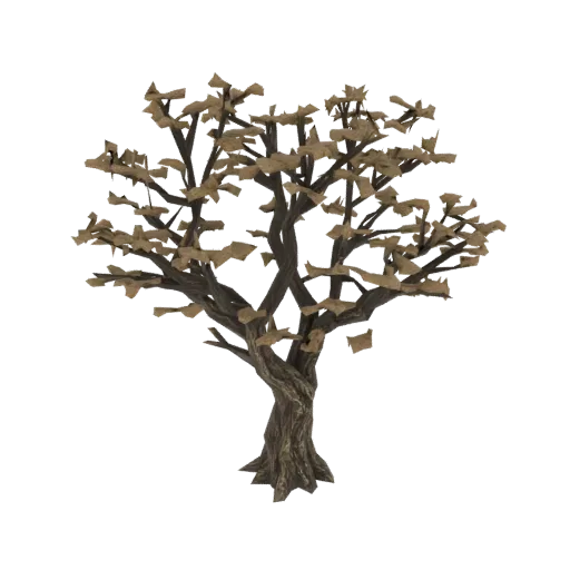 3D модель скрученного осеннего дерева с корявым стволом и редкими сухими коричневыми листьями на ветвях, на белом фоне.