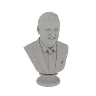 3D model render of a formal man's bust wearing a suit and tie, displayed on a pedestal against a white background.