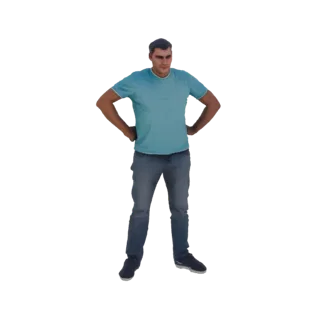 3D модель мужчины в синей футболке и джинсах, стоящего с руками на бедрах.