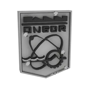 3D-рендер промышленного герба ONGBOR с металлическим покрытием, шестеренками, атомными символами и надписью 'ONGBOR'.