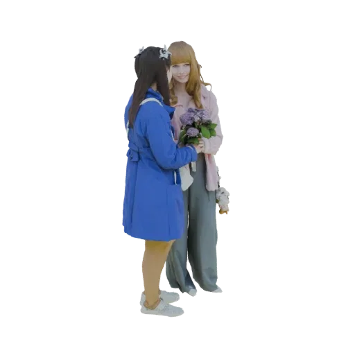 3D модель двух девушек, одна в синем пальто, другая в розовой куртке, с букетом сирени.