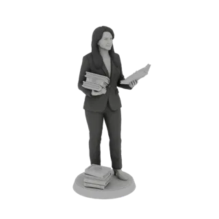 3D model of a woman lawyer in a suit holding stacks of books, standing on a circular base.