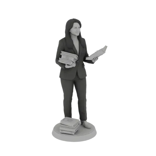 3D model of a woman lawyer in a suit holding stacks of books, standing on a circular base.