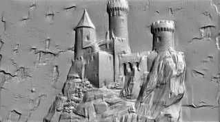 3D модель барельефа средневекового замка, расположенного на скале, с детализированными башнями и стенами.