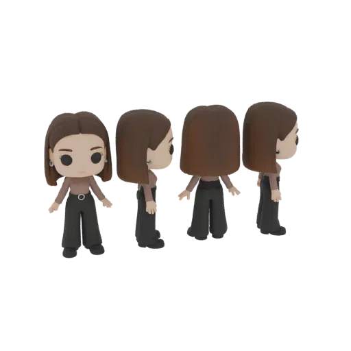 3D модель стильной женщины в стиле Funko Pop, вид с разных ракурсов, демонстрирующий ее топ цвета тауп и черные брюки.