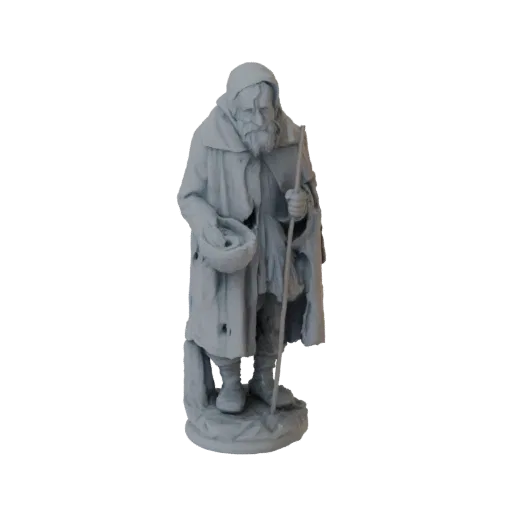 3D модель weathered нищего в плаще с капюшоном, держащего миску и посох, стоящего на текстурированном основании.