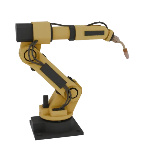 3D модель желто-черного промышленного сварочного робота-манипулятора со сварочной горелкой, показанная на белом фоне.