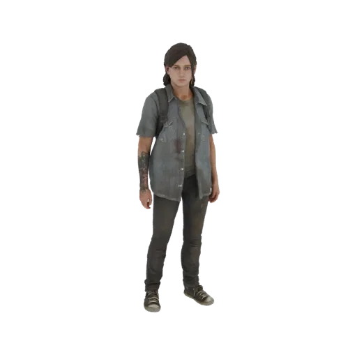 3D модель Элли Уильямс из The Last of Us, стоящая и смотрящая вперед, одетая в серую футболку и темные брюки.