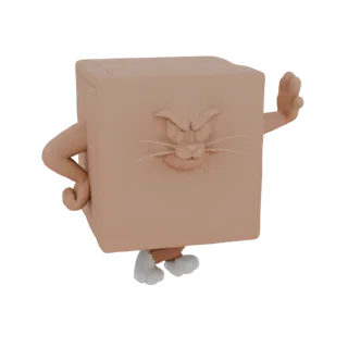 3D модель кота в форме куба с сердитой мордой, руками и ногами, на белом фоне.