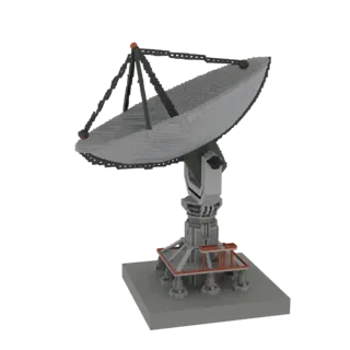 3D модель детализированной спутниковой тарелки с большим параболическим рефлектором и сложной опорой на сером основании.