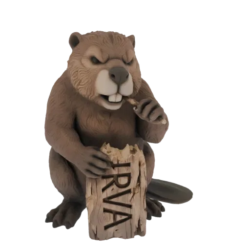 3D model of a cartoon beaver with brown fur, sitting and gnawing on a wooden log with 'RVA' carved into it.