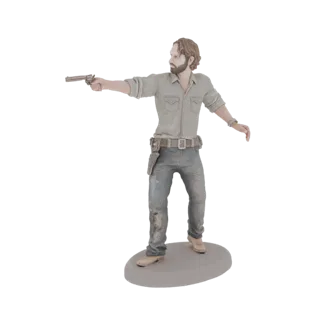 3D модель Рика Граймса из Ходячих мертвецов с револьвером и в культовом наряде, стоящая на подставке.