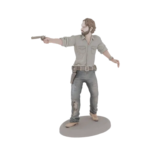 3D модель Рика Граймса из Ходячих мертвецов с револьвером и в культовом наряде, стоящая на подставке.