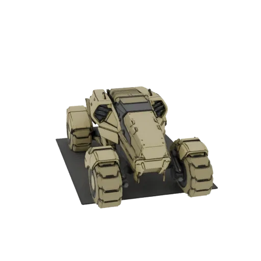 3D модель футуристичного пустынного багги с большими колесами и бронированным, бежевым корпусом на белом фоне.