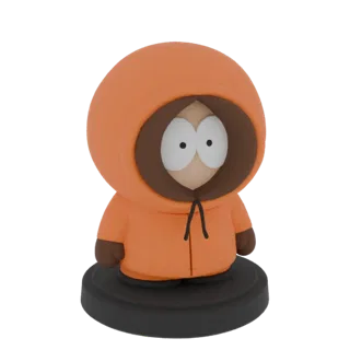 3D модель Кенни Маккормика из Южного Парка в оранжевой парке, стоящий на черной подставке.
