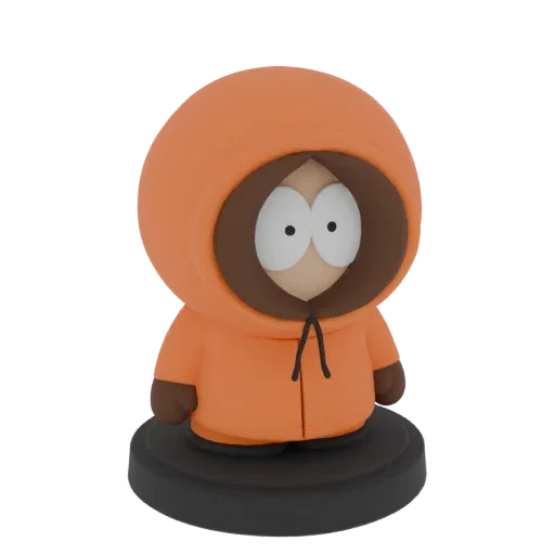 3D модель Кенни Маккормика из Южного Парка в оранжевой парке, стоящий на черной подставке.