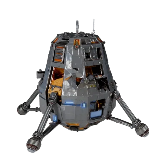 Низкополигональная 3D-модель лунного модуля, вид в игровом окне в три четверти, низкополигональный актив транспортного средст