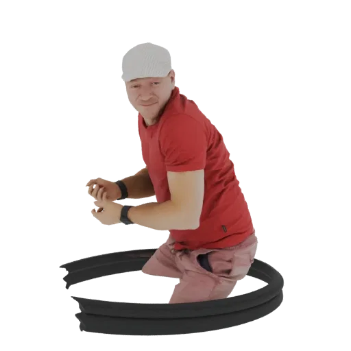 3D модель мужчины-танцора в красной футболке и белой кепке, запечатленного в динамичной позе внутри черного обруча.