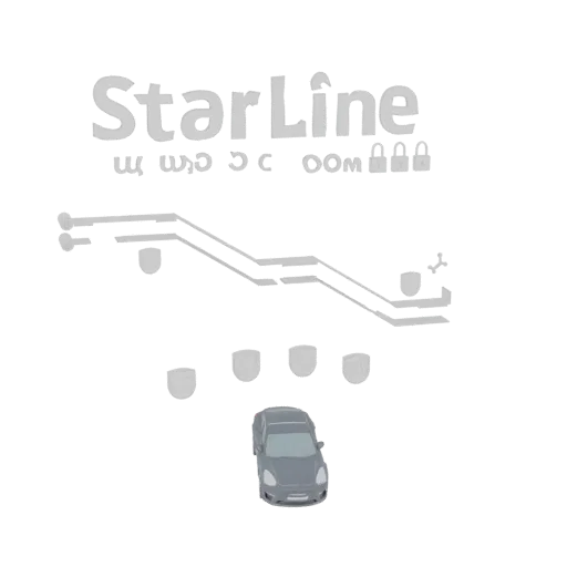 3D модель схемы автосигнализации StarLine, показывающая автомобиль, значки щитов и линии соединений.
