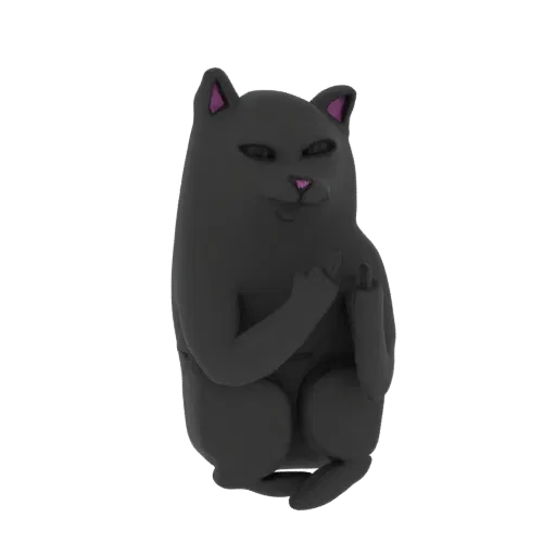 3D модель черного кота сидит и с юмором показывает средний палец одной лапой.