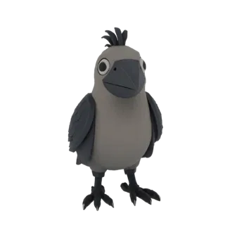 3D-рендер стилизованной мультяшной вороны с большими глазами и колючим хохолком, стоящей на белом фоне.