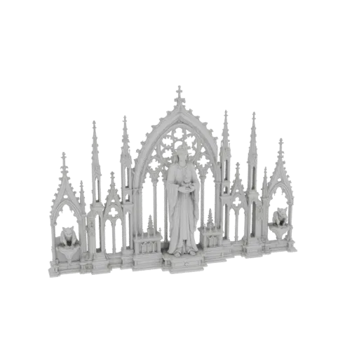 3D модель детализированного готического соборного портала с центральной фигурой и двумя горгульями, в светло-серой каменной т