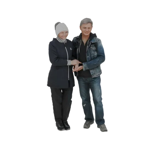 3D модель пары, стоящей близко, оба в зимних пальто и шапках, руки сцеплены.