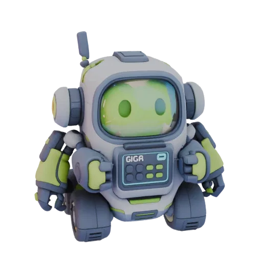 3D модель милого робота Гига с зеленым экраном и белым корпусом, стоящего на колесах.