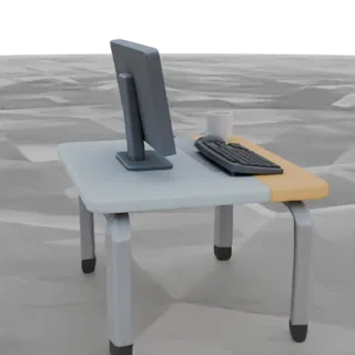 3D модель минималистичного офисного стола с монитором, клавиатурой и белой кружкой на сером фоне