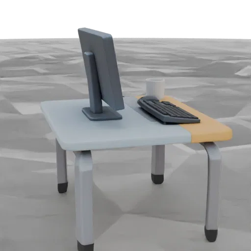 3D модель минималистичного офисного стола с монитором, клавиатурой и белой кружкой на сером фоне