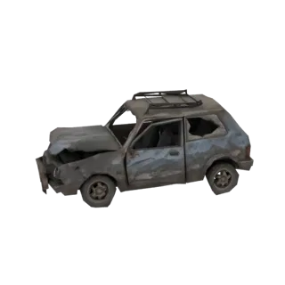 3D модель поврежденного синего хэтчбека с мятым передом, разбитыми окнами и видимой ржавчиной на белом фоне.