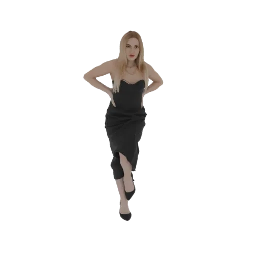 3D модель женщины с светлыми волосами в черном платье без бретелек и черных туфлях на высоком каблуке, позирует с руками на б