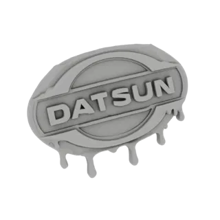 Рендер 3D модели эмблемы логотипа Datsun со стилизованным эффектом капель, представленный в матовом сером цвете.