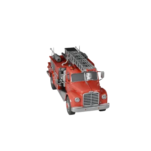 3D модель винтажной пожарной машины, вид из игрового окна с трех четвертей, готовый для Unity ассет транспортного средства с