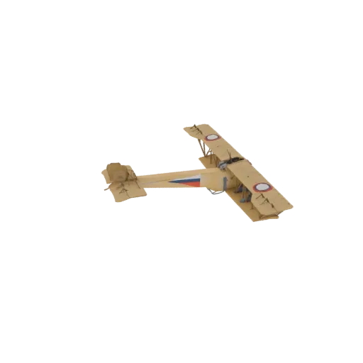 3D модель винтажного бежевого биплана с красно-синими эмблемами-кругами, вид с трехчетвертного ракурса на черном фоне.