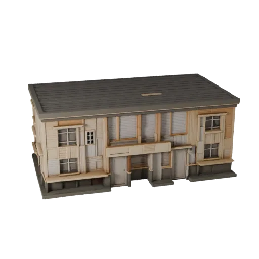 Сборный дом, печатная STL 3D модель, изометрический вид, показывающий материалы жилого здания и архитектурные детали