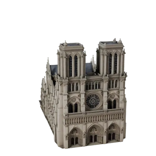 Печатная STL 3D модель Нотр-Дам де Пари, изометрический вид, показывающий материалы структуры достопримечательности и архитек