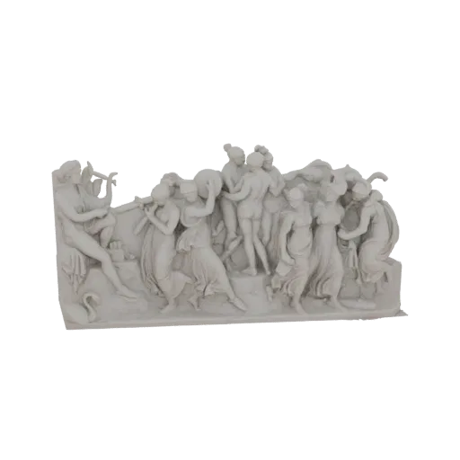 3D модель древнегреческого рельефа, изображающая оживленную сцену вакханалии с танцующими фигурами и музыкантами.