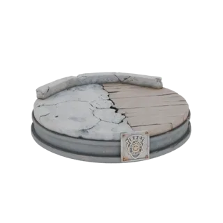 3D модель круглого основания диорамы с треснувшим бетоном, деревянными досками и значком R.P.D., подходящая для миниатюр.