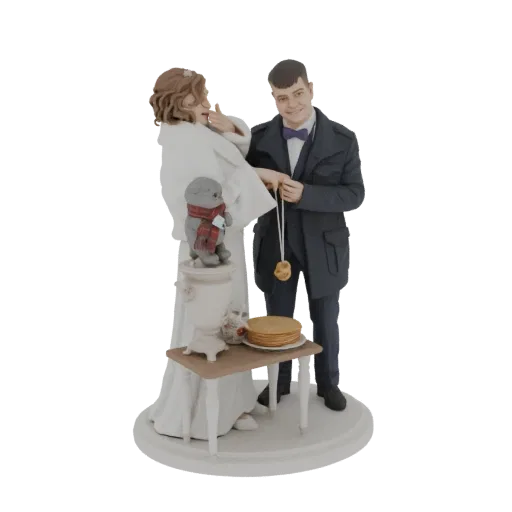 3D модель свадебного топпера с женихом, невестой, мишкой, блинами и самоваром.