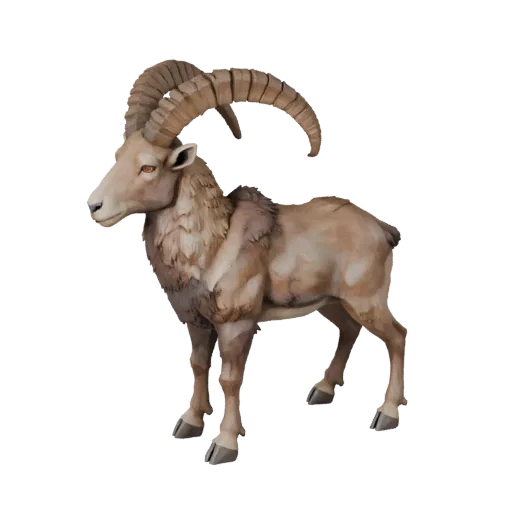 Низкополигональная 3D-модель ибекса, вид сбоку в игровом ракурсе, низкополигональная модель животного с силуэтом рогов, анато